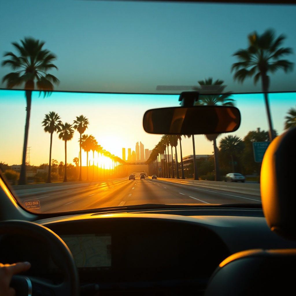 Driving a rental car on a Los Angeles freeway with palm trees and city skyline, showcasing the ease of LAX car rental for exploring the city.