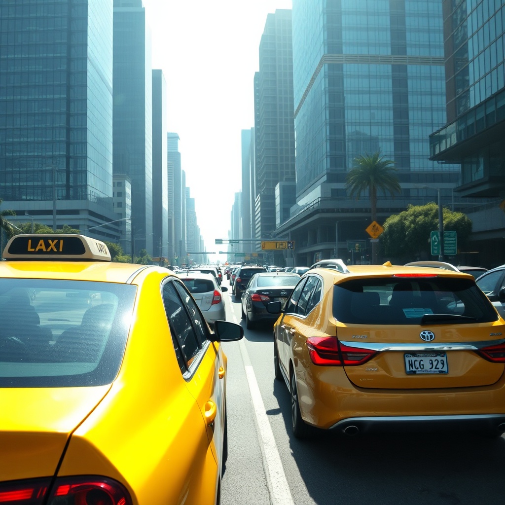 Yellow taxi and rideshare vehicle stuck in heavy traffic on a downtown Los Angeles highway, showcasing the fastest but pricier options to get from LAX to downtown LA