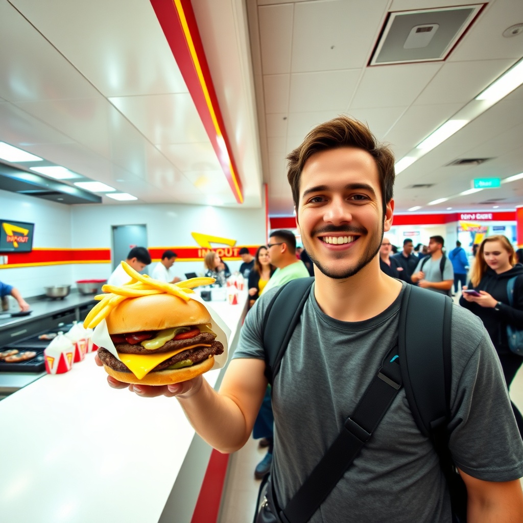 Quick-service dining at In-N-Out Burger in Terminal 6, a top pick among the best restaurants inside LAX terminals, showing a traveler with a classic burger and fries in a bright, lively airport setting.