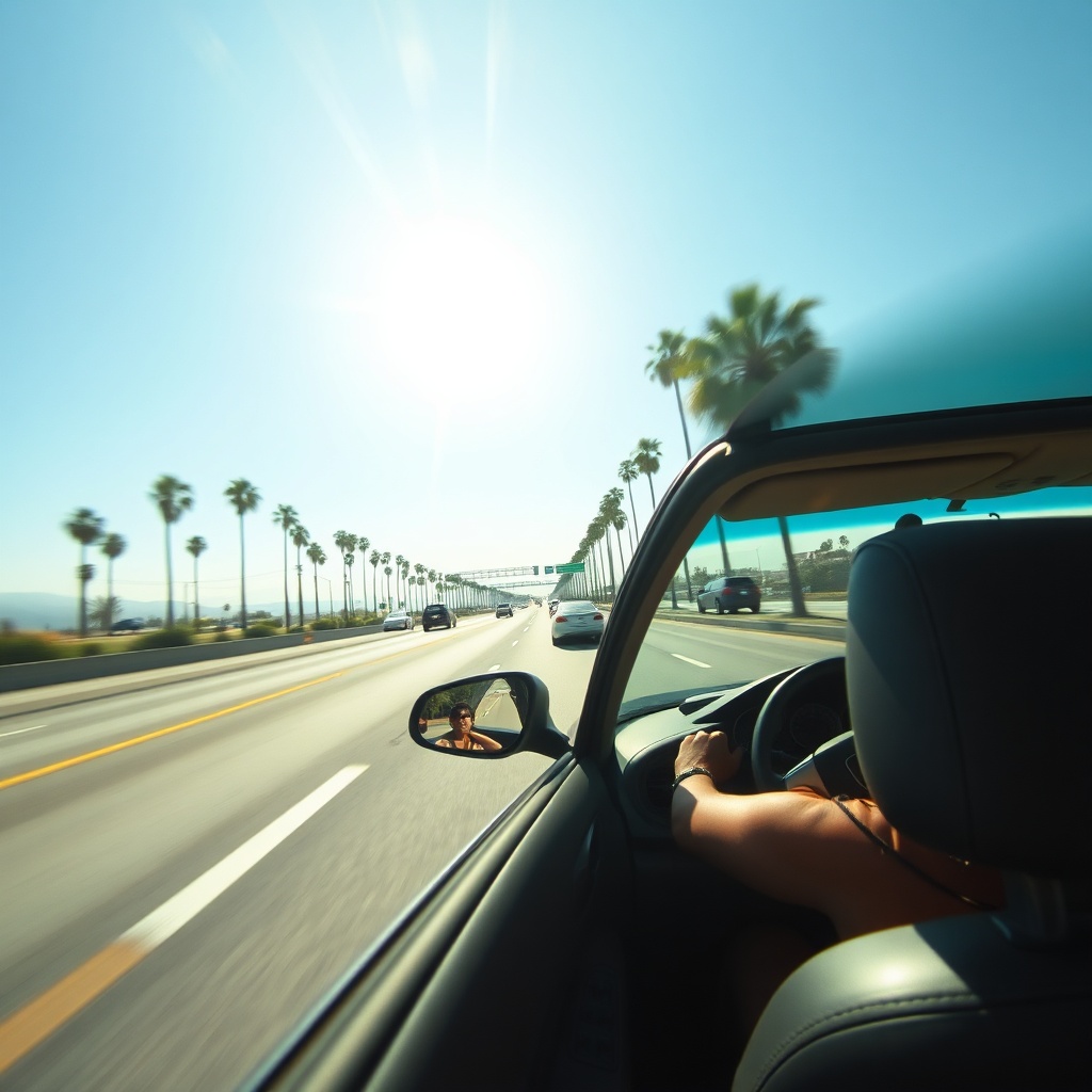 A traveler using efficient rideshare services as a reliable option for LAX to Disneyland transportation on a sunny California highway.