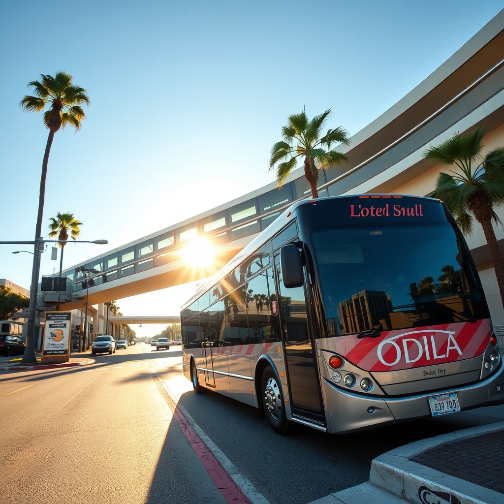 A hotel shuttle bus operating near the Automated People Mover, highlighting convenient transit options for guests staying at LAX airport hotels.