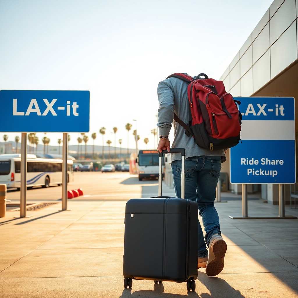 A traveler leaving the LAX international arrivals terminal and walking to the LAX-it ride-share pickup area, with clear signs and a shuttle in the background.