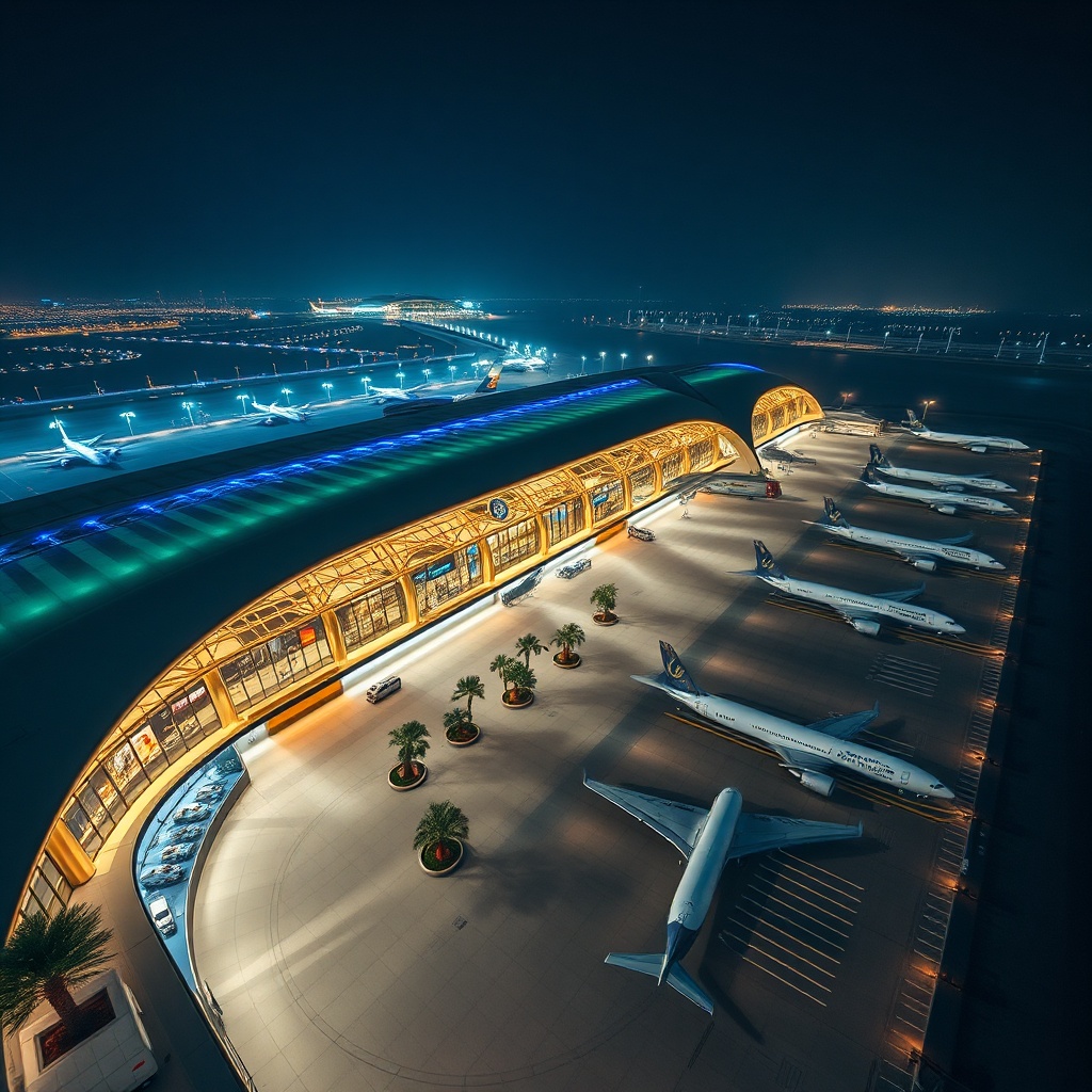 LAX vs Dubai International comparison: Dubai International Airport's modern terminal and connecting aircraft at night, showcasing its role as a global connecting hub between East and West.
