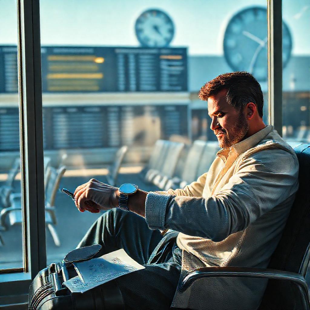 Traveler checking time at an LAX gate during a layover, with boarding pass and carry-on luggage, illustrating LAX airport layover tips for calculating real connection time.