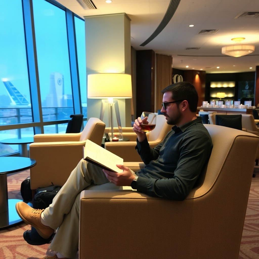 Traveler relaxing in premium lounge during long layover at LAX