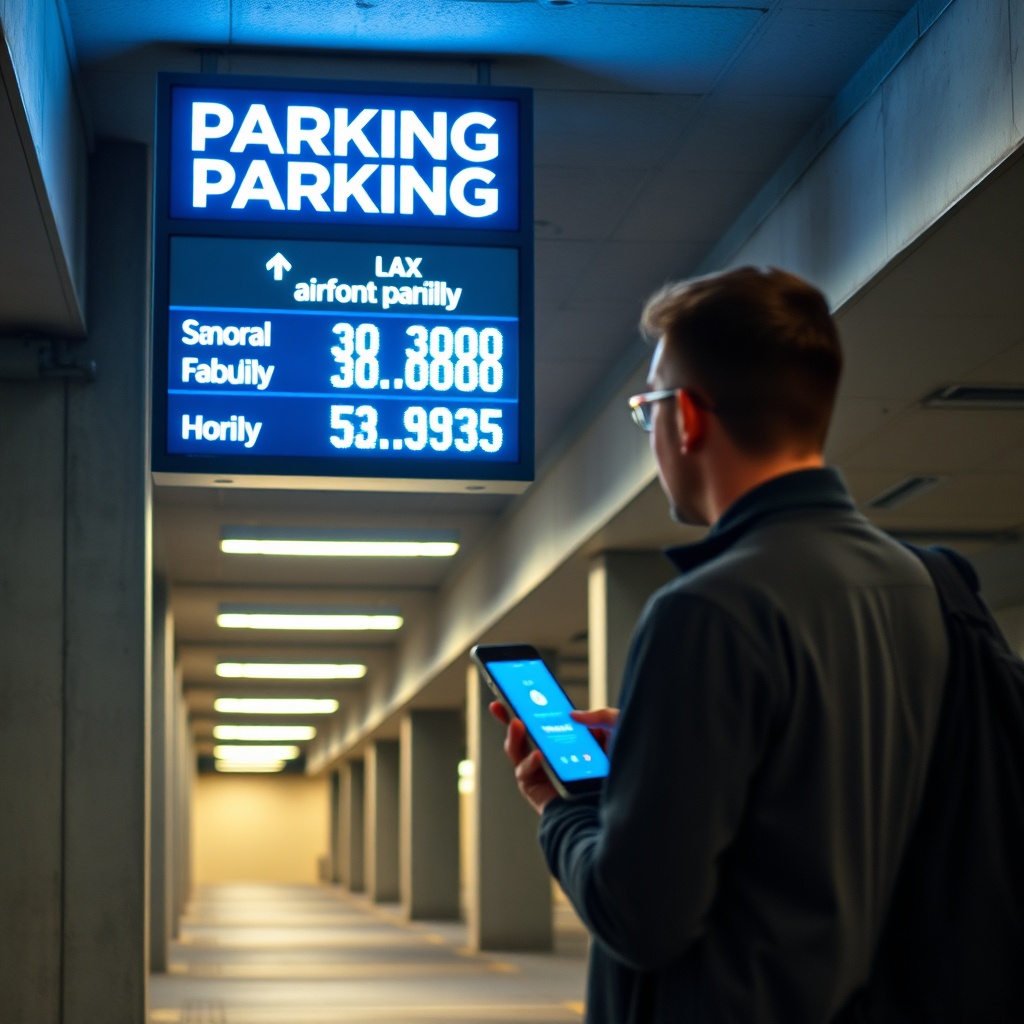 Traveler comparing LAX airport parking rates on an electronic sign and mobile app to find the best price.