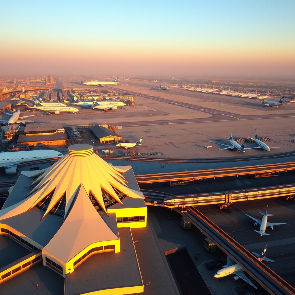 Aerial view of LAX terminals and the AirTrain people mover at sunset, illustrating the distance between gates that travelers must consider for a safe LAX layover.