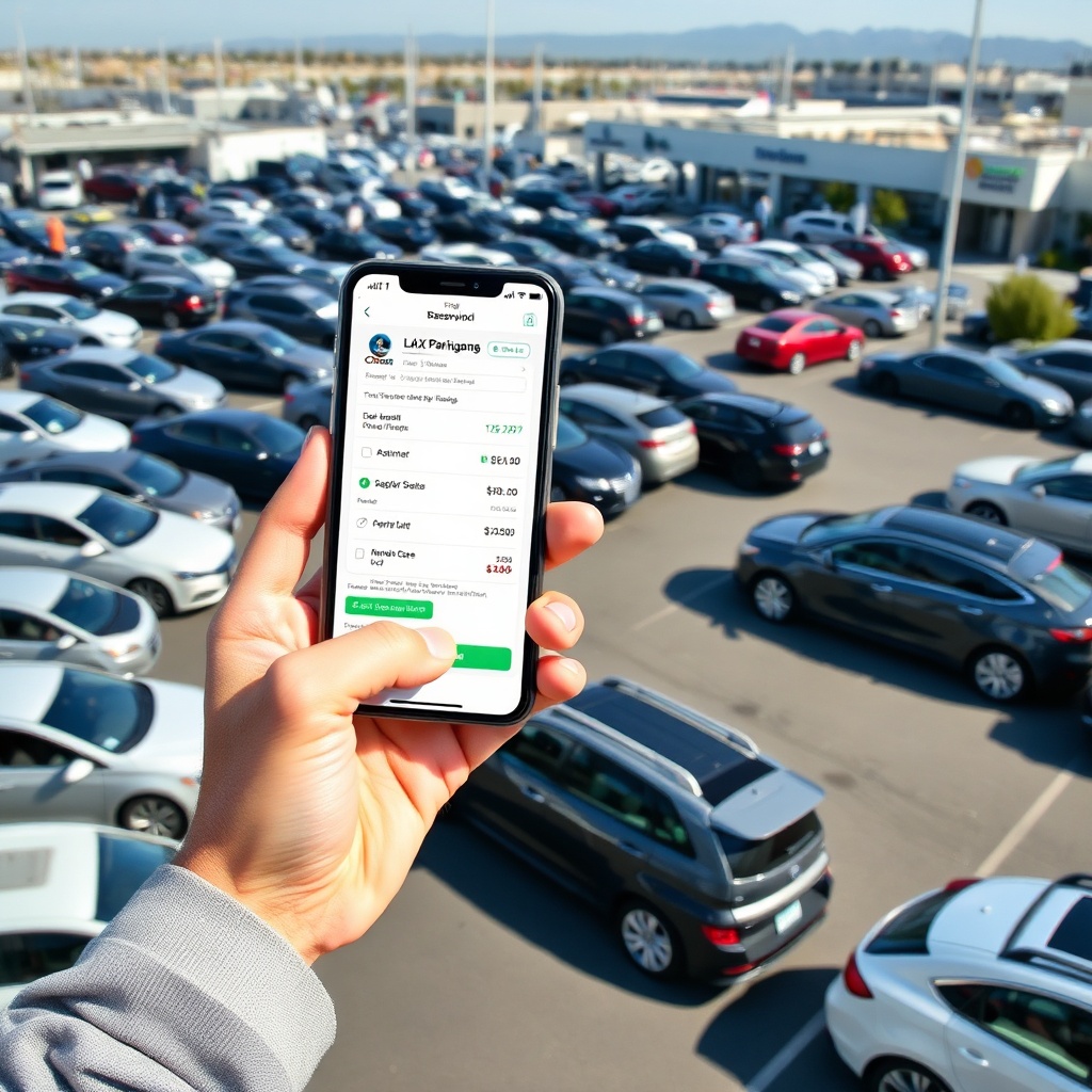 Busy airport parking lot with diverse vehicles and mobile app interface showing LAX Parking App reservation and rate details