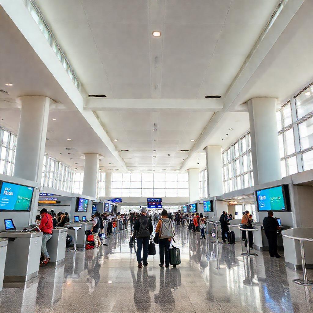 Spacious interior of the LAX car rental center with travelers at counters and bright natural light, showcasing the convenient rental car hub for LAX airport visitors.