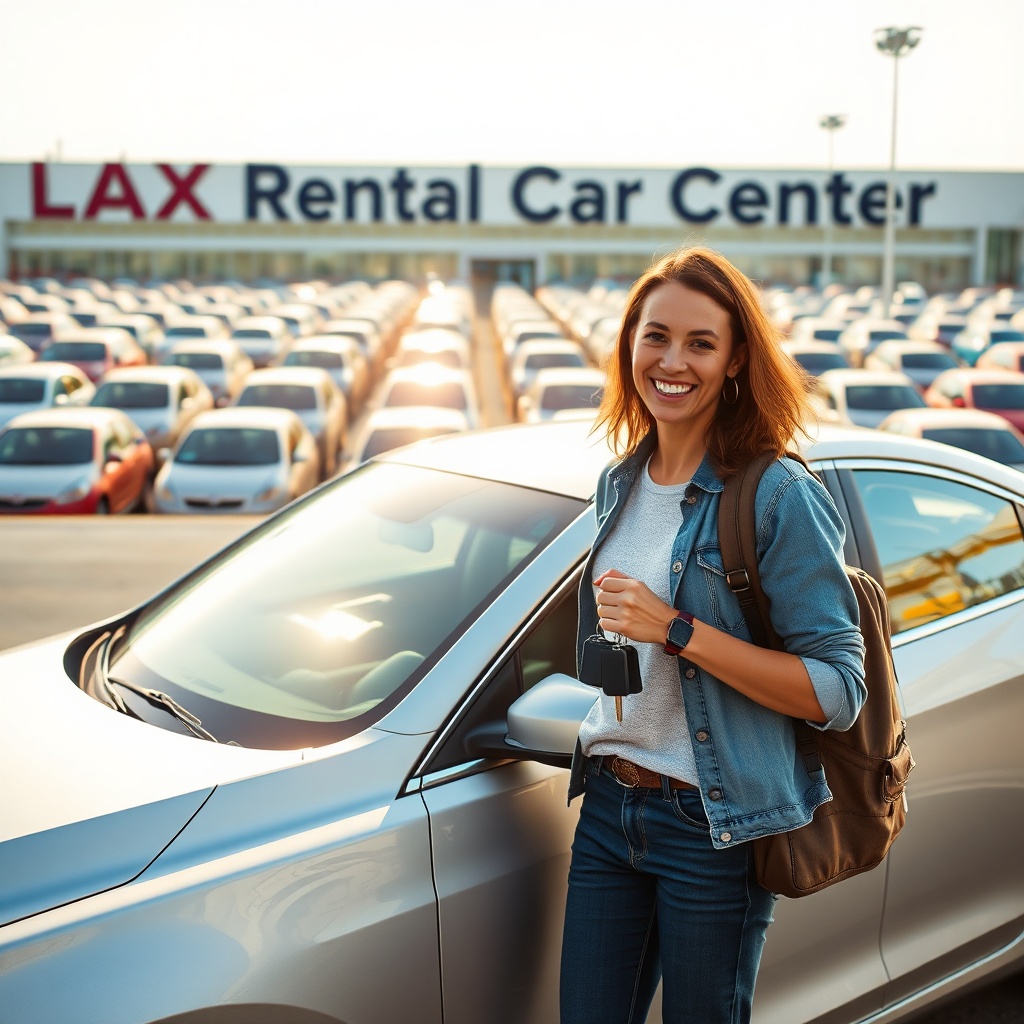 Happy driver with keys next to a rental car at the LAX Rental Car Center, showing how easy it is to rent a car at LAX and start your Los Angeles adventure.