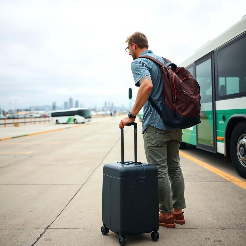 Traveler waiting for a shuttle at an off-site economy LAX parking lot, highlighting the cost-saving option and shuttle service