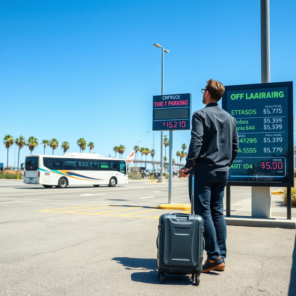Traveler comparing off-airport LAX parking discounts and shuttle service to save on airport parking.