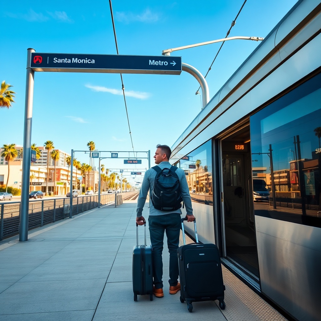 Metro light rail station offering public transit from LAX to Santa Monica, with a traveler and luggage waiting for the train.