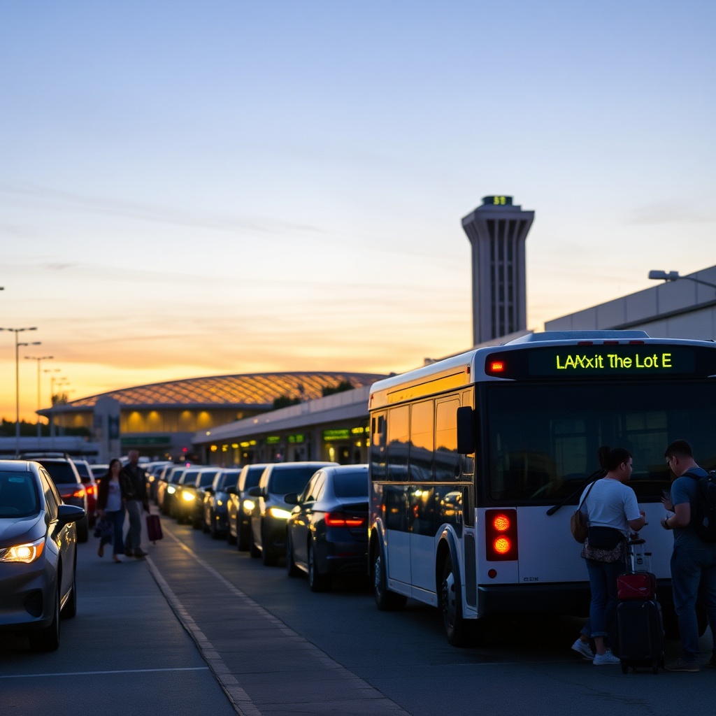 Exterior view of LAX rideshare pickup at LAX-it Lot E with shuttle bus and Theme Building, an essential tip in any LAX airport arrivals guide