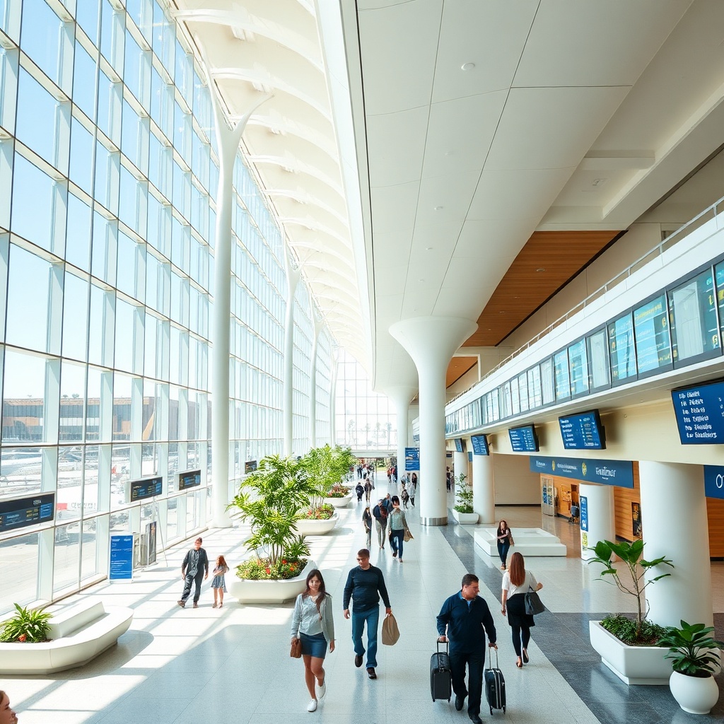 Spacious interior of the renovated Bradley International Terminal at LAX airport, featuring modern architecture, natural light, and a welcoming atmosphere for travelers.